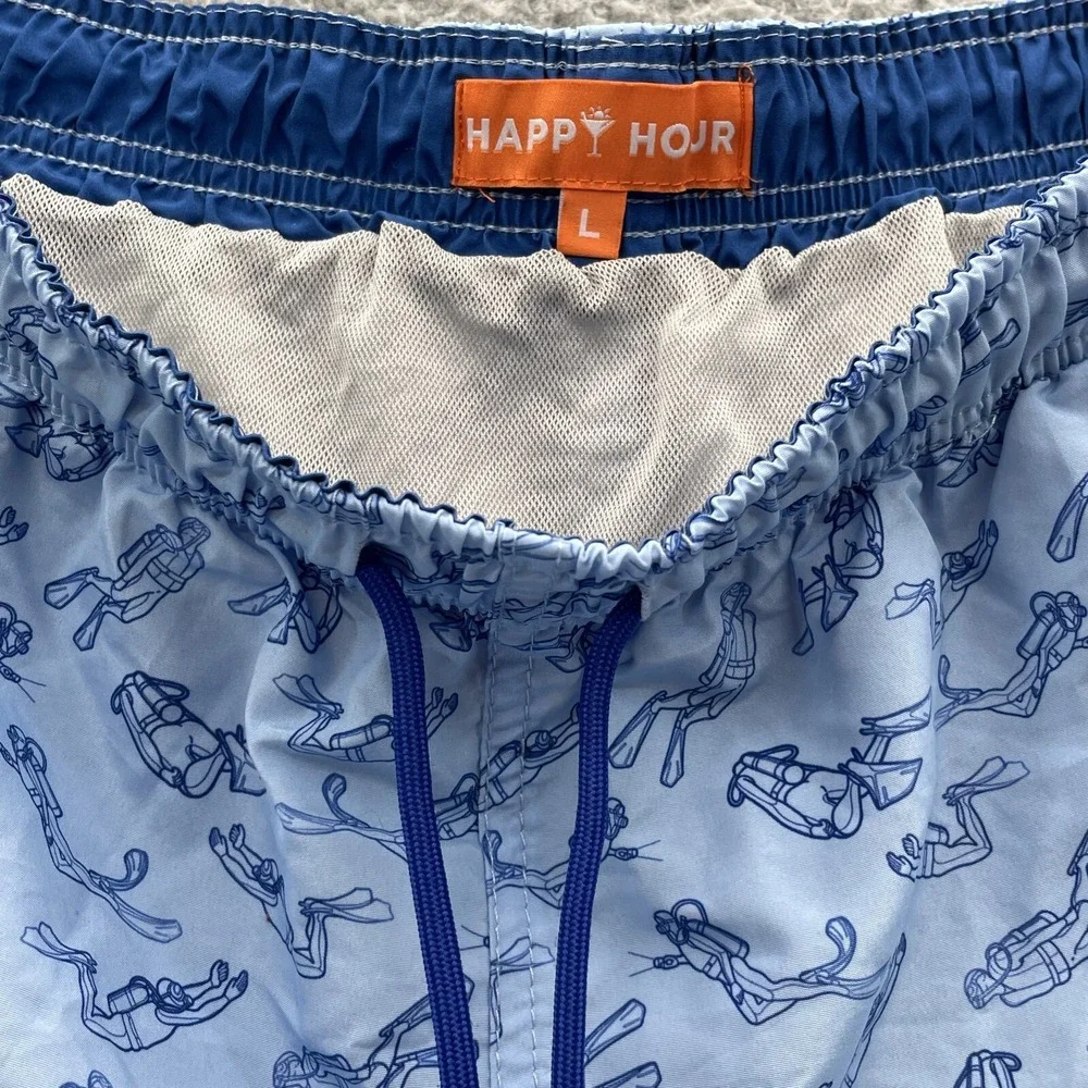 Happy Hour Swim Shorts Men Large Blue Scuba Diver Board Trunks Beach Preppy Surf